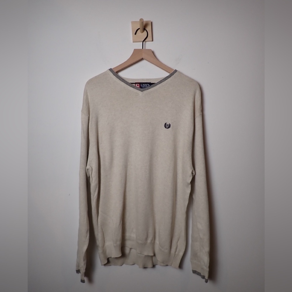 Chaps Men Sweater Beige Navy Stripe Accent Logo Embroidered V Neck Sweater Sz L
